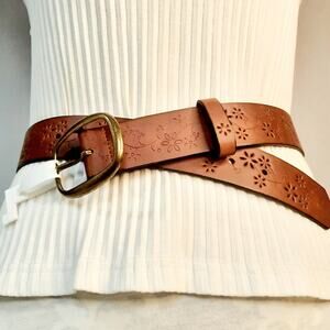 💎Jessica Simpson Belt Small Medium Waist Black Faux Leather Flower Cutout Strap